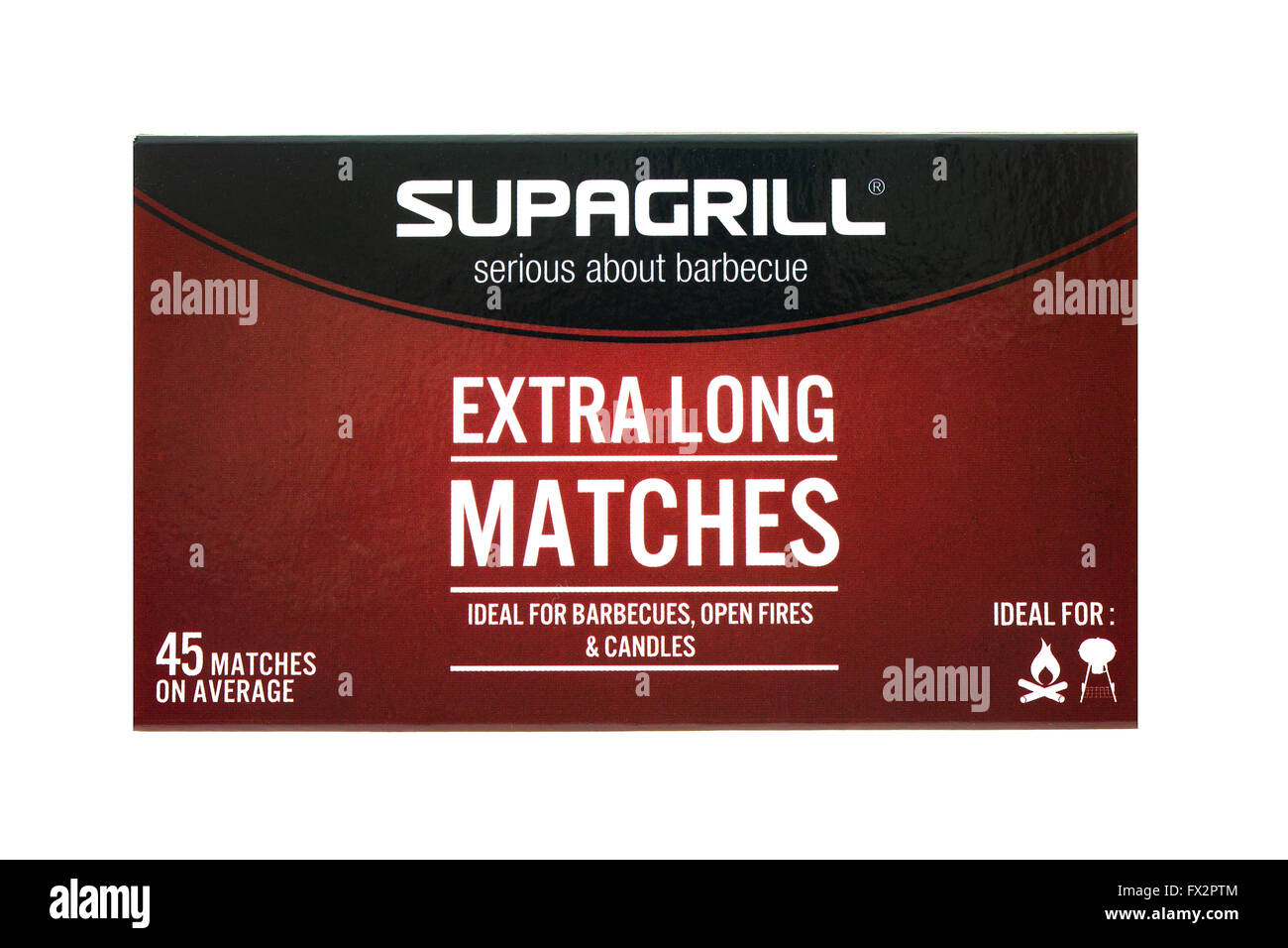 Eine Box von SUPAGRILL Extra lange Streichhölzer auf weißem Hintergrund Stockfoto
