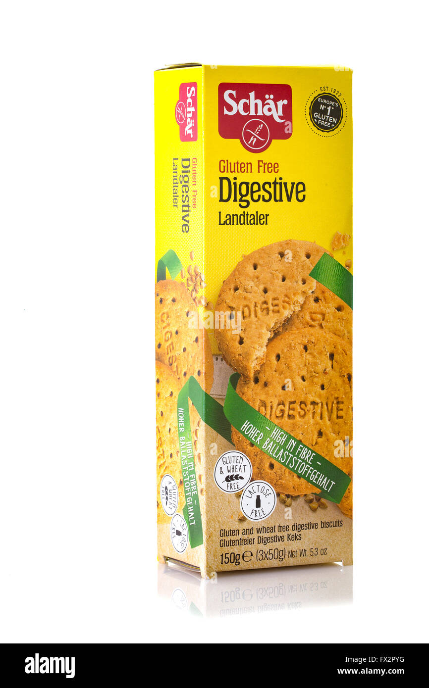Schachtel mit Schar Gluten und Laktose frei Verdauungs-Kekse Stockfoto