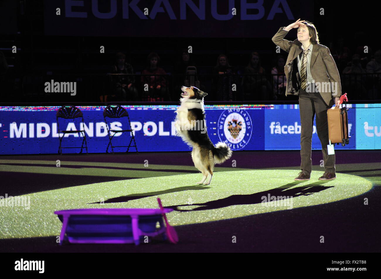 Während der Crufts ersten Tag Zwergrassen und Utility mit Atmosphäre: Lucy Creek, Harnott Skiffle Königs, Gewinner Freestyle Heelwork, Musik wo: Birmingham, Vereinigtes Königreich bei: 9. März 2016 Stockfoto