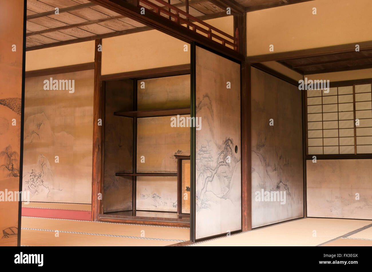 Japanisches Interieur Hauswände dekoriert von Tanyu Kano in Sankei-En Garten, Yokohama, Japan Stockfoto