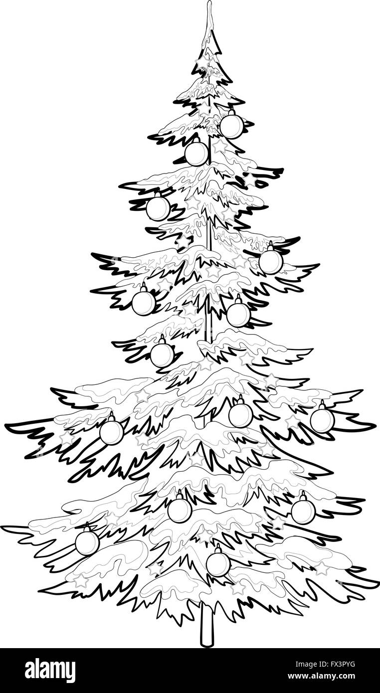 Weihnachtsbaum mit Ornamenten, Konturen Stock Vektor