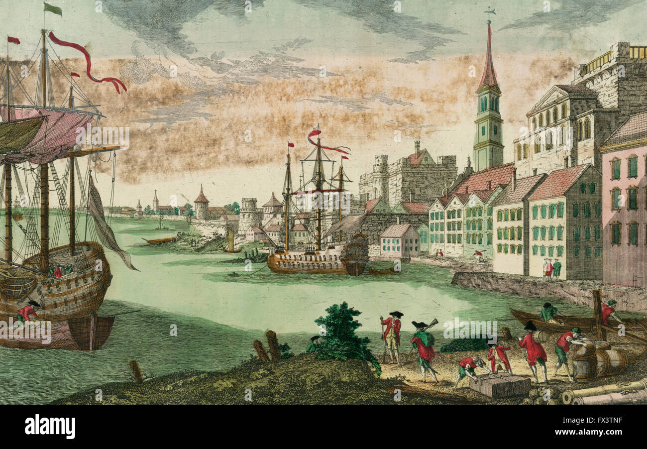 Vue de Boston Print zeigt dem Hafen in Boston, Massachusetts, zwei Schiffe am Anker, britische Soldaten und Männer arbeiten, waren am Ufer; eine idealisierte Sicht Darstellung Boston als eine typische europäische Stadt, ca. 1770 Stockfoto