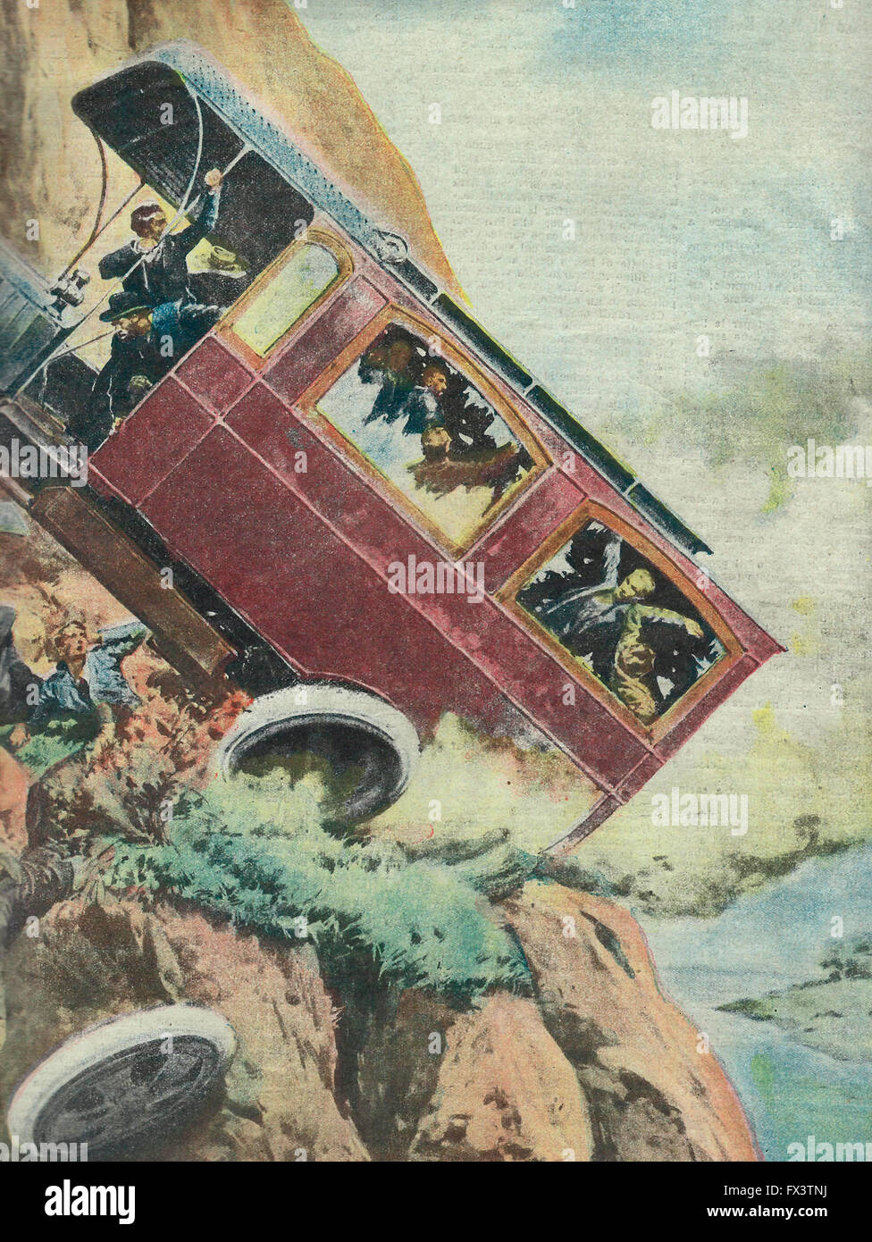Tragische Wahlen Ausflug in den Abruzzen: ein Bus fällt von sehr hoch an der felsigen Küste des Tronto, bei Amatrice. Italien, 1913 Stockfoto