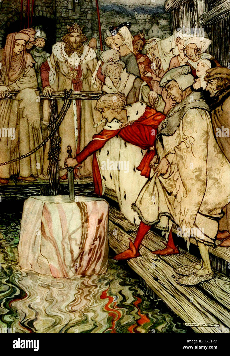 Wie Galahad zog das Schwert aus dem schwebenden Stein in Camelot, König Arthurs Ritter der Tafelrunde Stockfoto