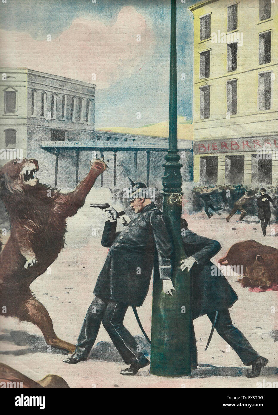Die Schlacht von Lipzia... zwischen Polizisten und Löwen, von denen viele ums Leben kamen, entflogen eine Menagerie in der Stadt 1913 Stockfoto