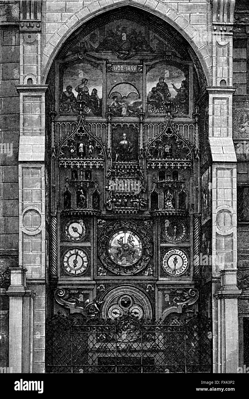 Astronomische Uhr, Meister Paul Anton, Olomouc Rathaus - eine Illustration der Enzyklopädie Herausgeber Bildung, Sankt Petersburg, Russisches Reich, 1896 Stockfoto