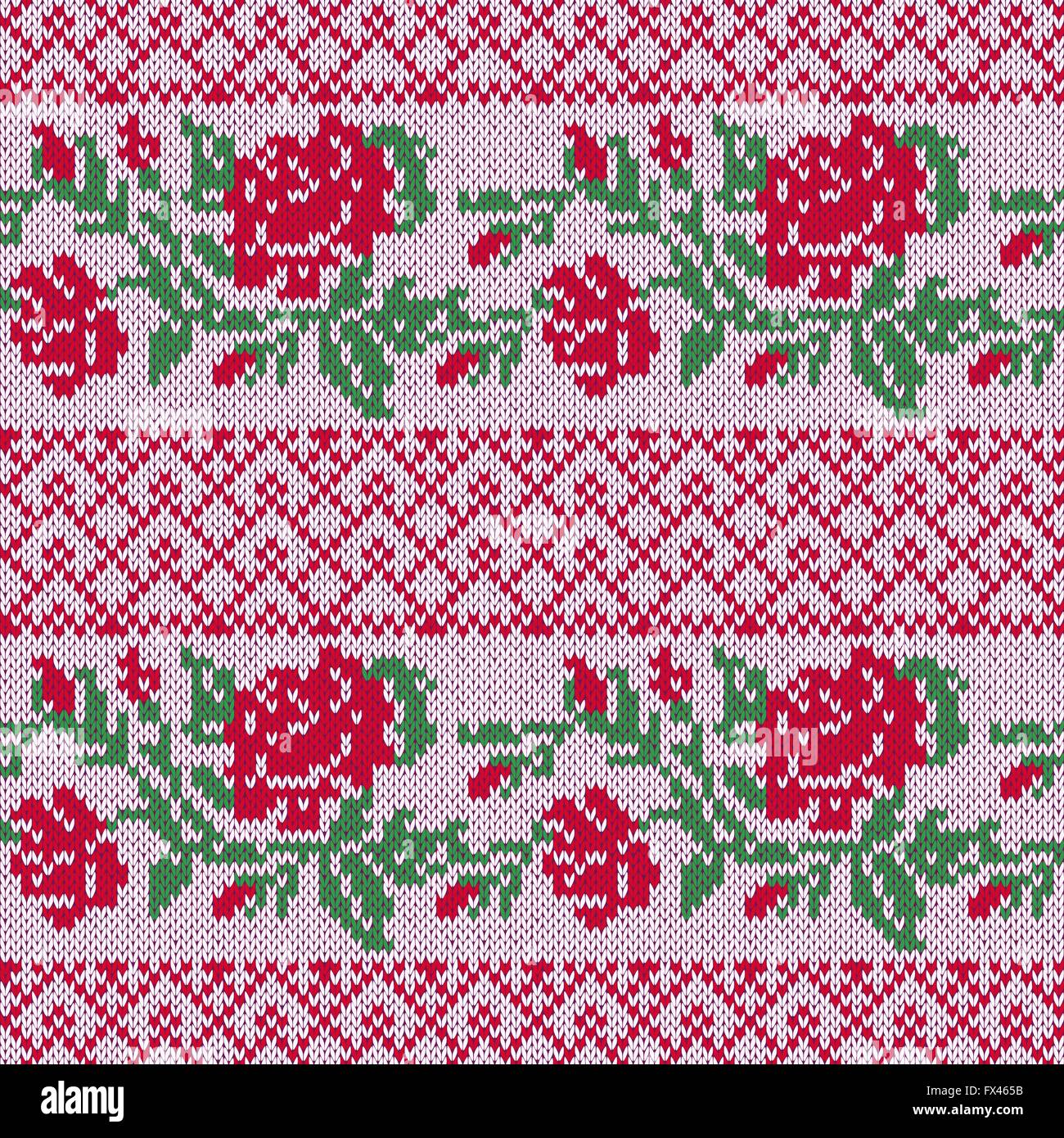 Dekorative nahtlose Vektor Strickmuster als Stoff Textur mit Reihen von  stilvolle rote Rosen und grünen Blättern Stock-Vektorgrafik - Alamy
