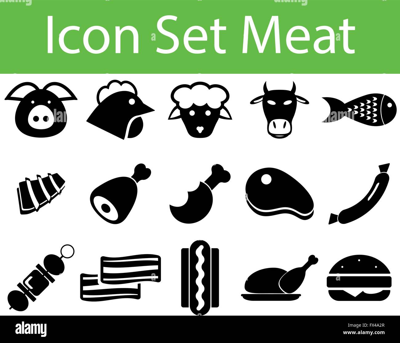 Icon Set Fleisch mit 15 Symbolen für verschiedene Kauf Stock Vektor
