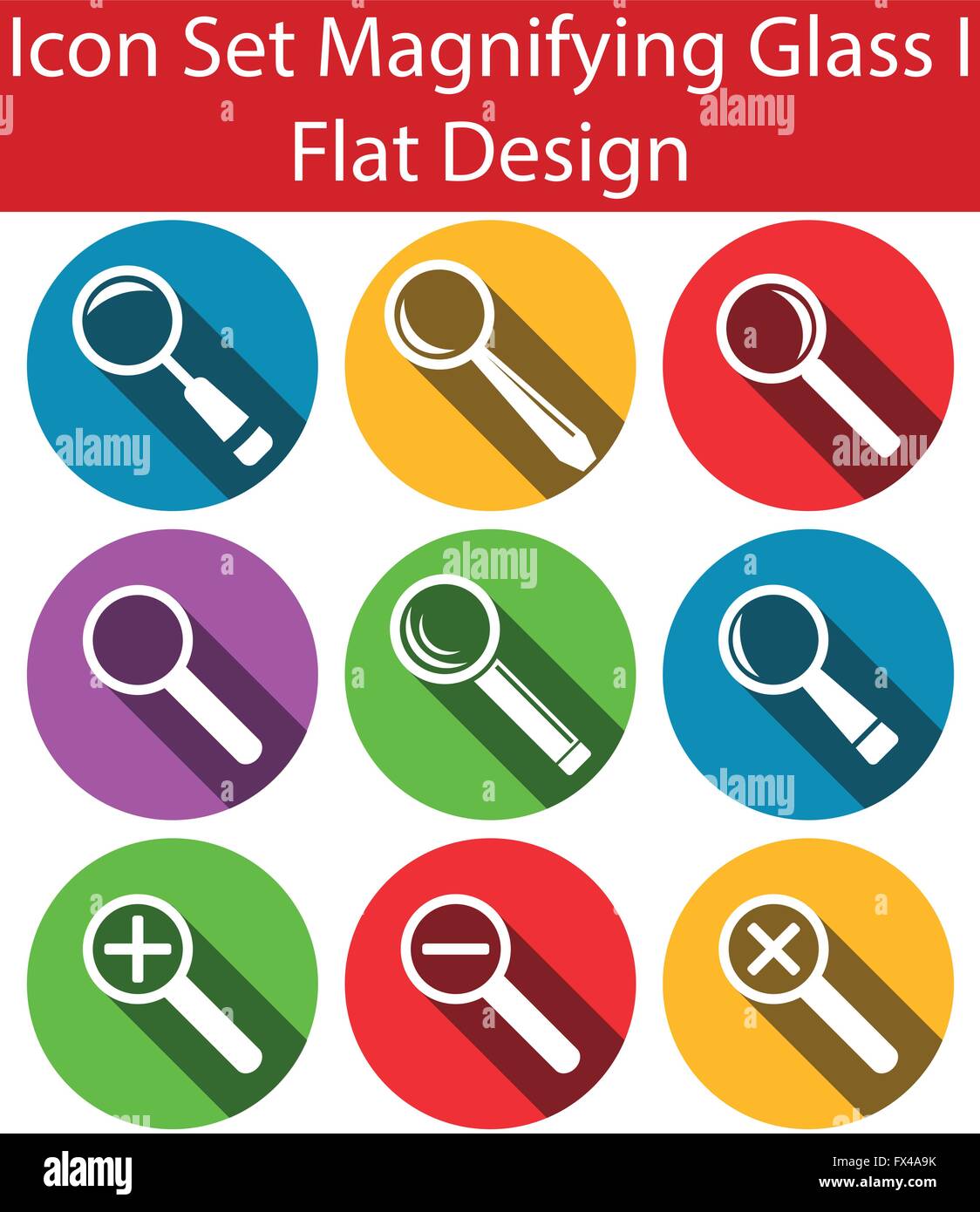 Design-flachen Design Icon Set Magnifying Glass I mit 9 Symbole für kreative eine Grafik im Web verwenden Stock Vektor