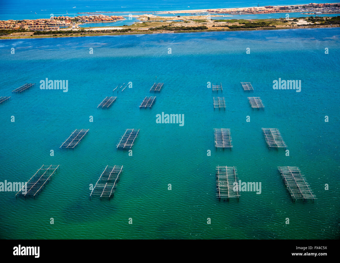 Luftbild, Austern- und Muschelzucht im Etang de Leucate, Lagune, Lagune Leucate, blaues Wasser, Zentrum Ostréicole, Leucat Stockfoto