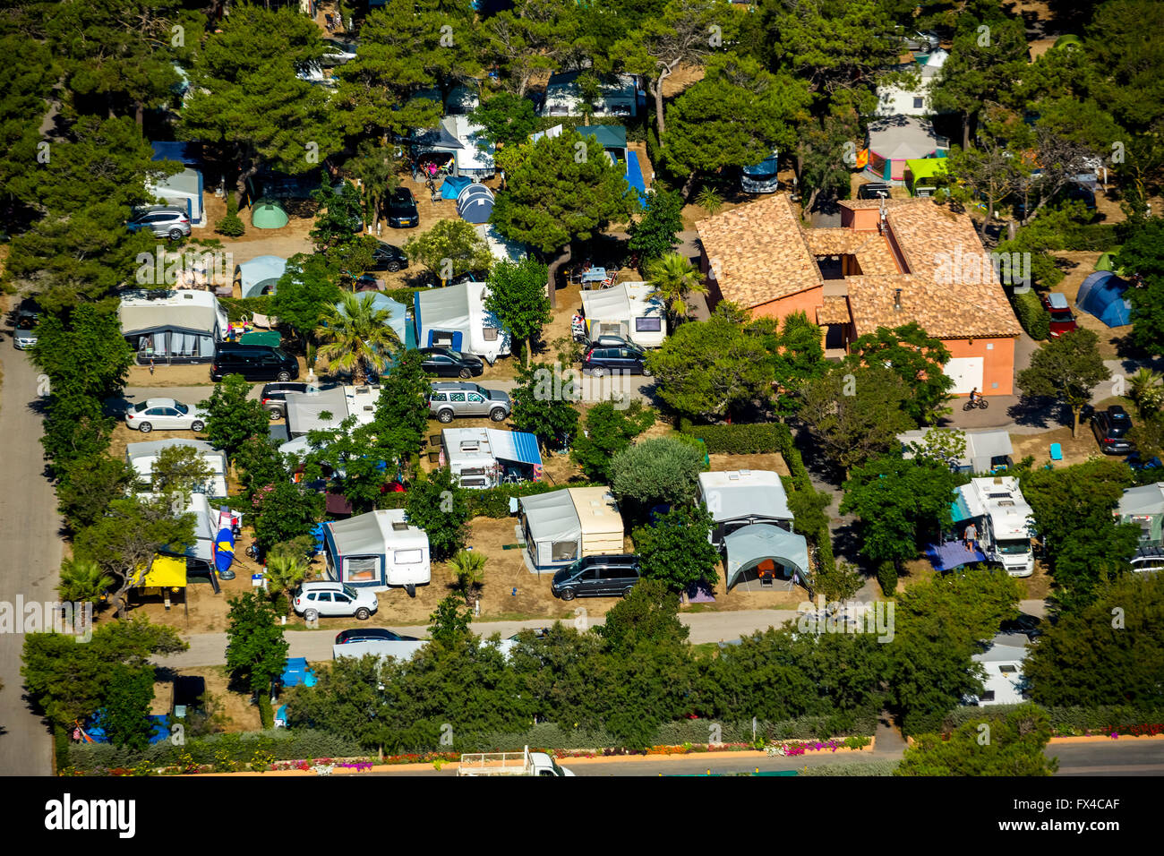 Luftaufnahme, Campingplatz von Canet-En-Roussillon am Mittelmeer, Mittelmeer, Südfrankreich, Pyrénées-Orient Stockfoto