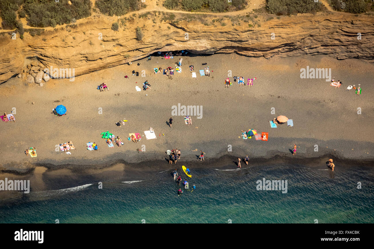 Luftbild, schwarzen Strand La Grande Conque, Küste und Strand von Cap d ' Agde, Agde, Frankreich, Languedoc-Roussillon, Frankreich Stockfoto
