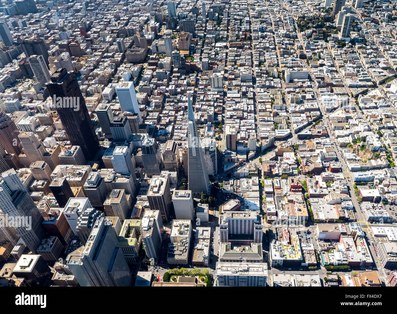 Luftaufnahme, Transamerica Pyramid, mit Blick auf SOMA, Financial District, Downtown, Midtown, San Francisco, San Francisco Bay Stockfoto