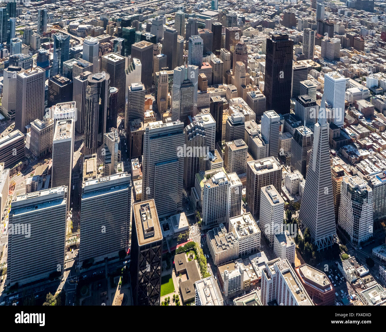 Luftaufnahme, Transamerica Pyramid, mit Blick auf SOMA, Financial District, Downtown, Midtown, San Francisco, San Francisco Bay Stockfoto