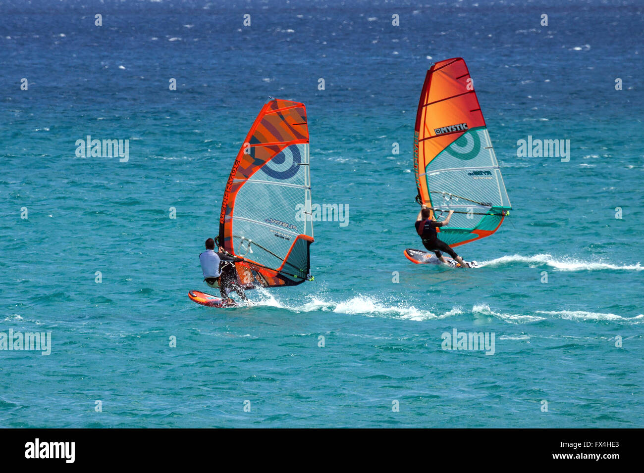 Surfen, Windsurfen, Playa Risco del Paso, Playa de Sotavento de Jandia, Jandia, Fuerteventura, Kanarische Inseln, Spanien Stockfoto