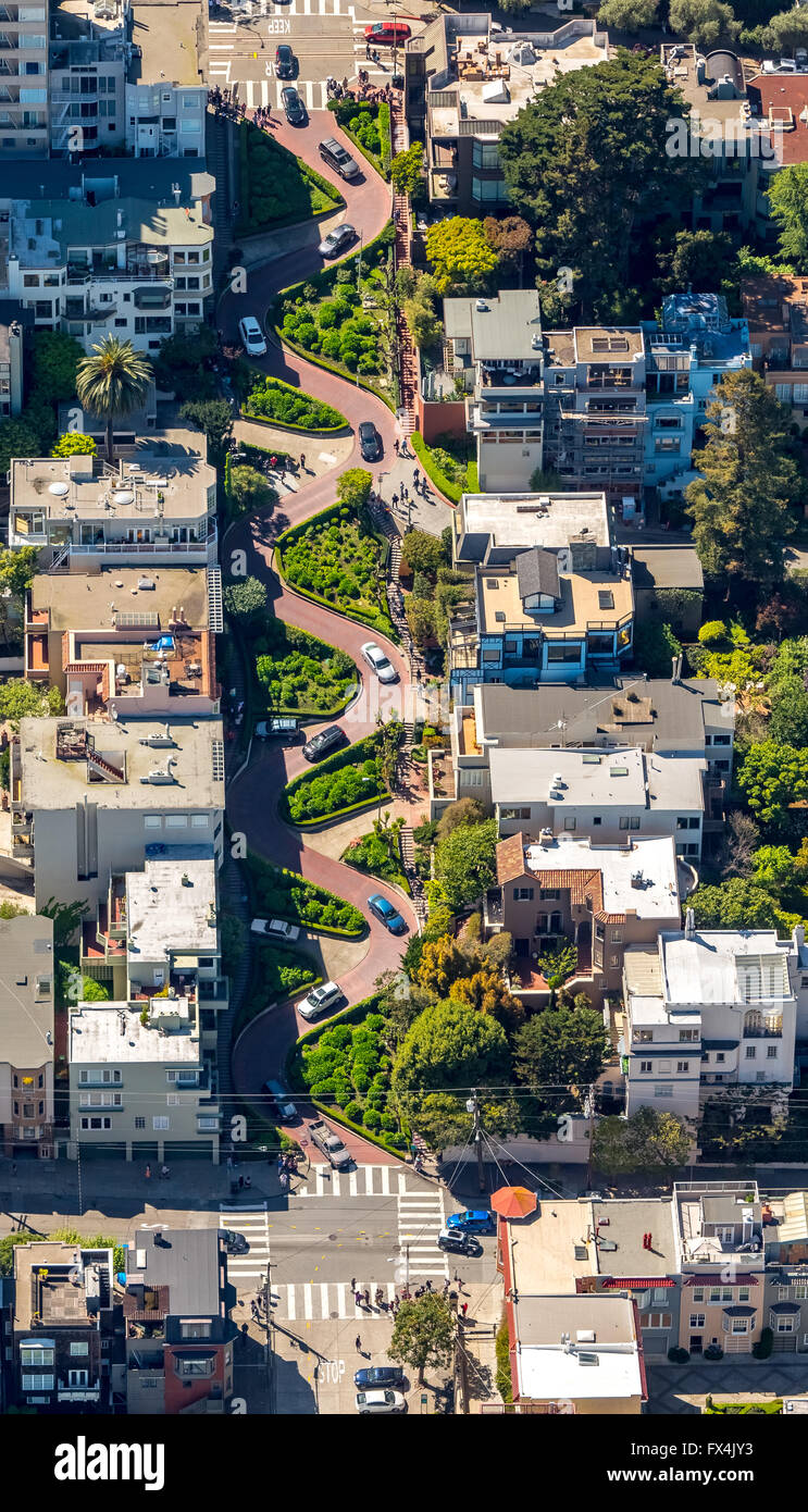 Luftaufnahme, Lombard Street, gewundenen Straße, Kurve Straße, Straßen von San Francisco, Touristenattraktionen, San Francisco, Bay Area, Stockfoto