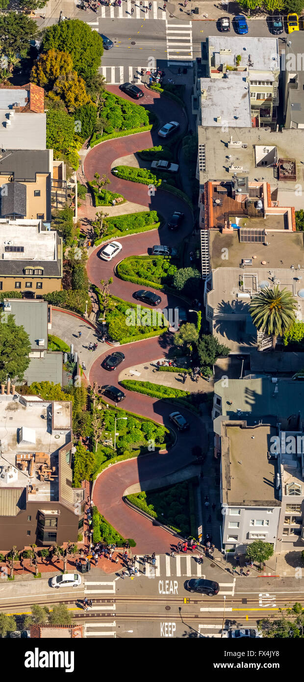 Luftaufnahme, Lombard Street, gewundenen Straße, Kurve Straße, Straßen von San Francisco, Touristenattraktionen, San Francisco, Bay Area, Stockfoto