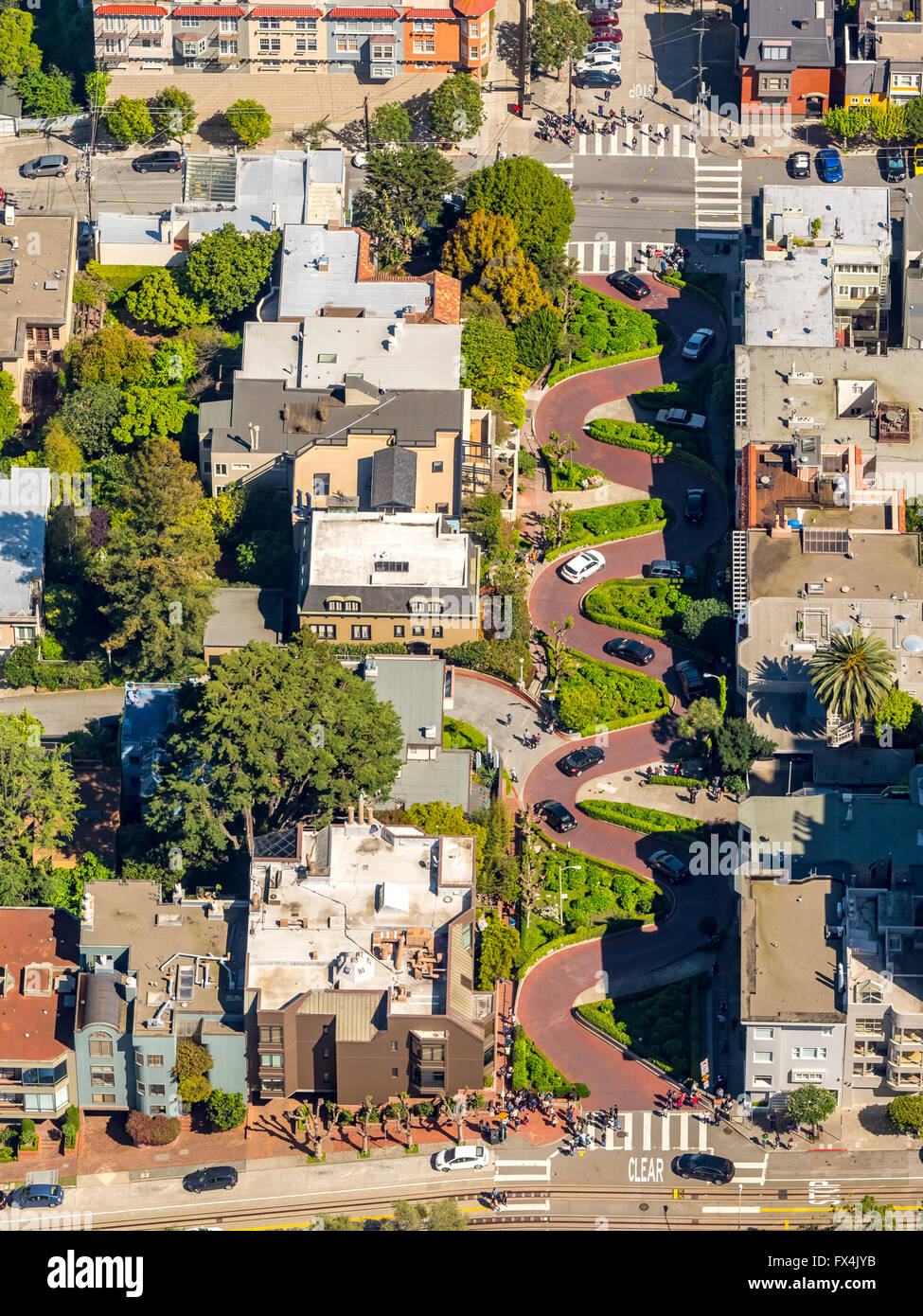 Luftaufnahme, Lombard Street, gewundenen Straße, Kurve Straße, Straßen von San Francisco, Touristenattraktionen, San Francisco, Bay Area, Stockfoto