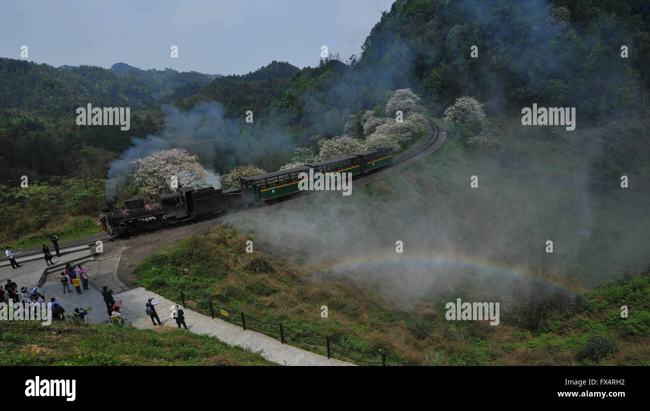 Jianwei, Provinz Sichuan. 10. April 2016. Ein Dampfzug geht durch Liangshuituo-Station in Jianwei County, der südwestlichen chinesischen Provinz Sichuan, 10. April 2016. Jiayang Dampfzug, die läuft seit einem halben Jahrhundert und hält immer noch den alten Schmalspur-Dampf Zug Bedienungsweise, ist derzeit ein Teil der lokalen Tourismusindustrie. Bildnachweis: Jiang Hongjing/Xinhua/Alamy Live-Nachrichten Stockfoto