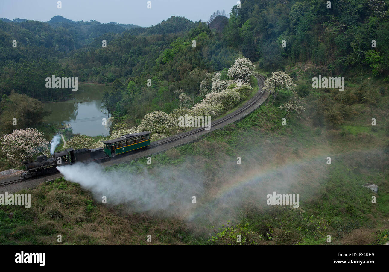 Jianwei, Provinz Sichuan. 10. April 2016. Ein Dampfzug geht durch Liangshuituo-Station in Jianwei County, der südwestlichen chinesischen Provinz Sichuan, 10. April 2016. Jiayang Dampfzug, die läuft seit einem halben Jahrhundert und hält immer noch den alten Schmalspur-Dampf Zug Bedienungsweise, ist derzeit ein Teil der lokalen Tourismusindustrie. Bildnachweis: Jiang Hongjing/Xinhua/Alamy Live-Nachrichten Stockfoto