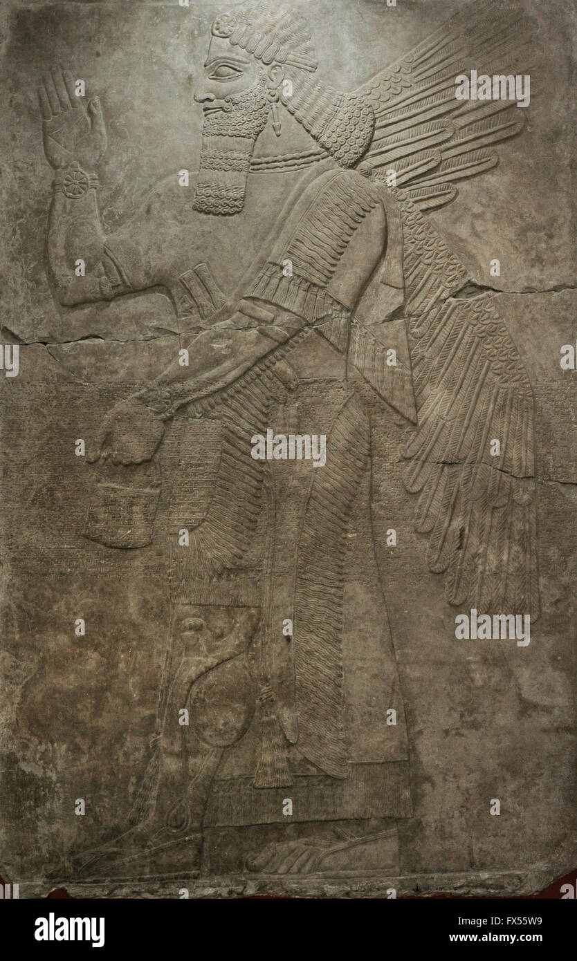 Assyrien. Geflügelte Gottheit. Relief aus dem Palast von Ashurnasirpal II in Kalhu (Nimrud, Irak). Die Eremitage. Sankt Petersburg. Russland. Stockfoto
