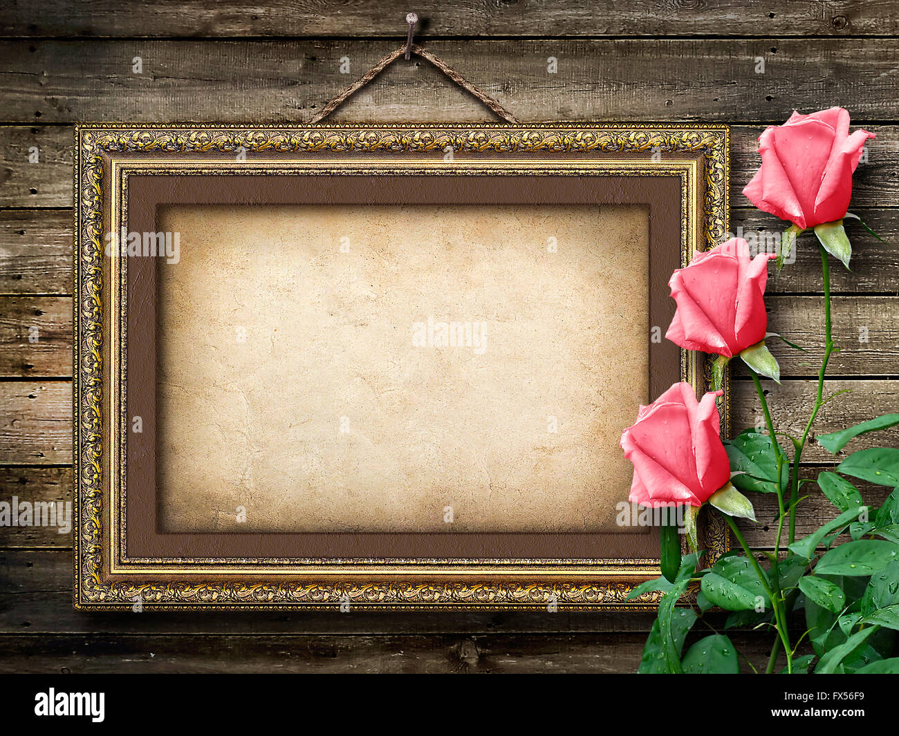 Alte Vintage-Rahmen für Fotos und einen Strauß rosa Rosen Stockfoto
