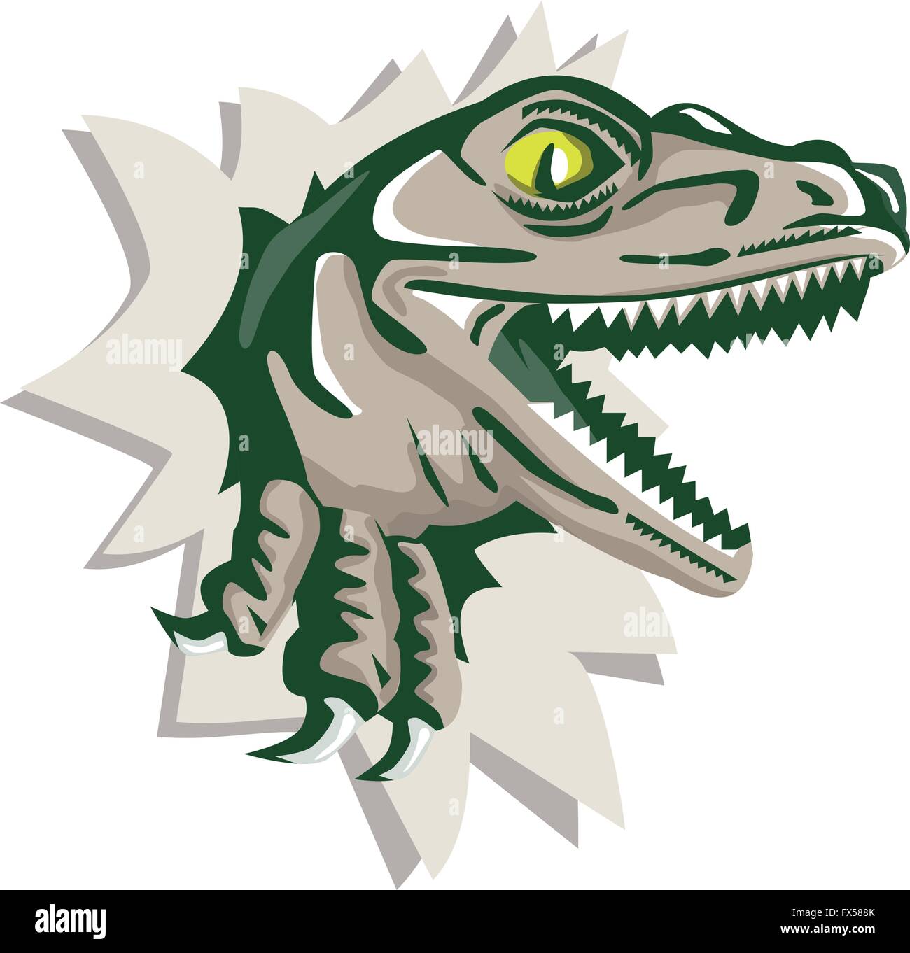 Abbildung eines Raptor t-Rex Dinosaurier Echse Reptil Kopf brechen aus Wand der Seitenansicht auf isolierte Hintergrund getan im retro-Stil. Stock Vektor