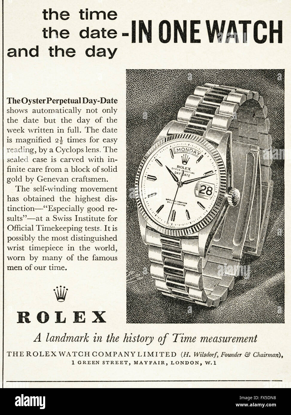 Original Vintage Anzeige aus der 1960er Jahre. Anzeige vom 1960 Werbung Rolex Armbanduhren Stockfotografie Alamy