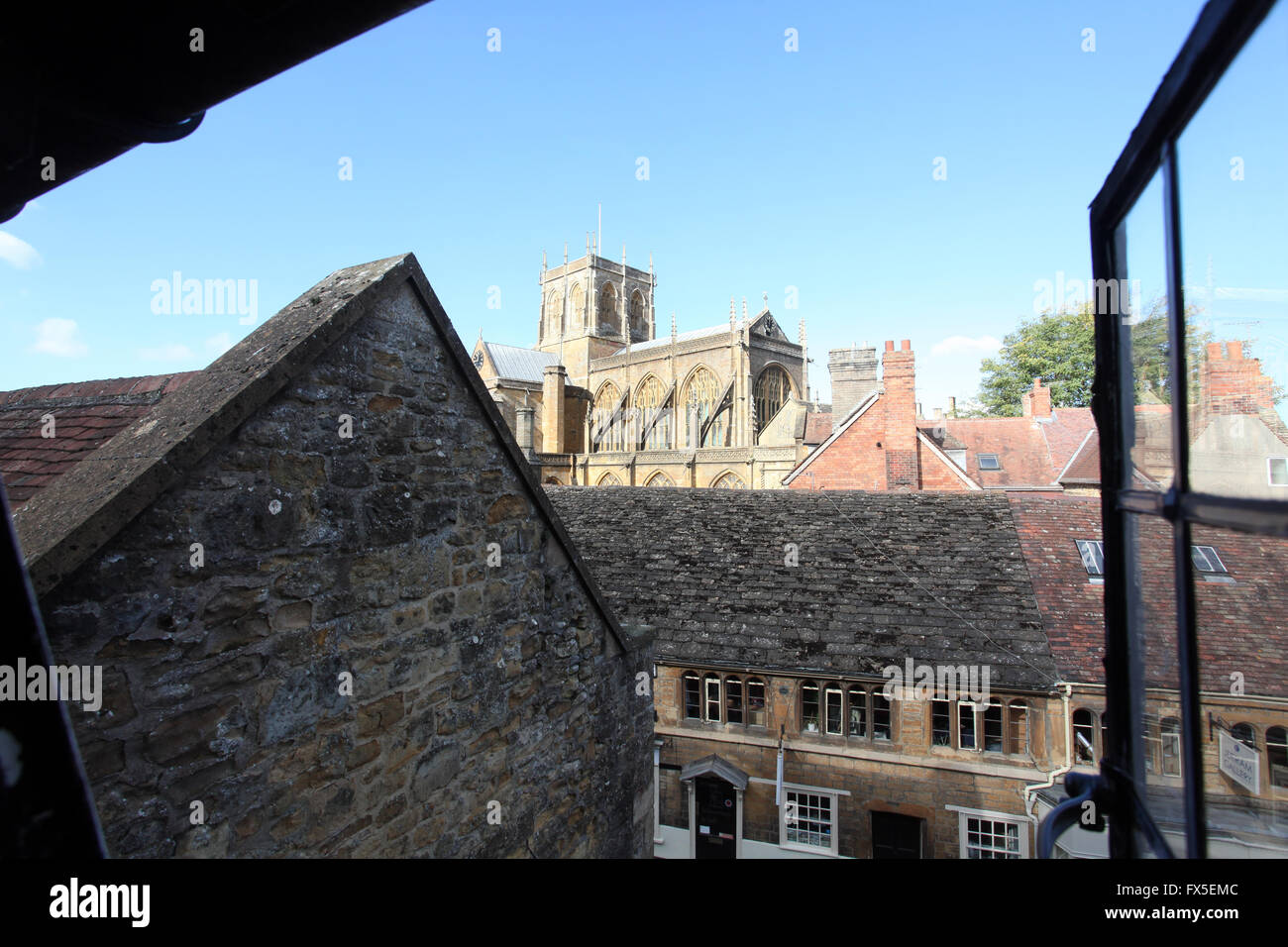 Sherborne Abtei in Dorset. Vereinigtes Königreich. Die Abtei entwickelte sich von einer sächsischen Kathedrale. Dach-Draufsicht 2015. Stockfoto