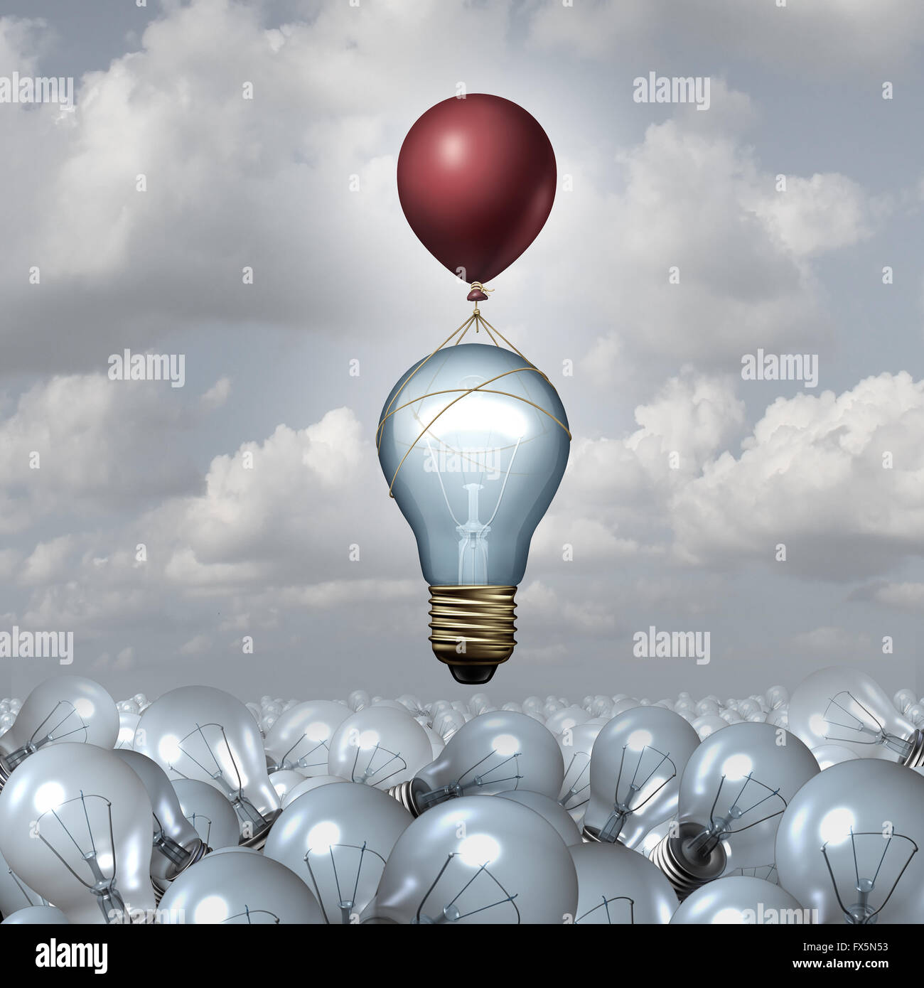 Innovatives Denken-Konzept als eine Gruppe von 3D-Illustration Glühbirnen in einer weiten Landschaft als eine Glühbirne erhebt sich mit Hilfe eines Ballons als Motivation Metapher für kreative Innovation Inspiration. Stockfoto