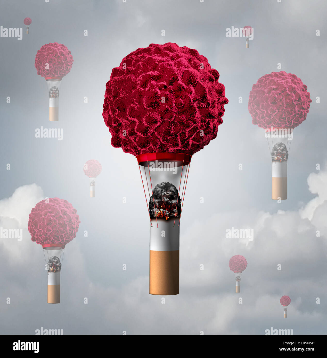 Rauchen Krebs Gesundheitswesen Konzept als eine menschliche Krebszelle, geformt wie ein Luftballon mit einem beleuchteten rauchen Tabak Zigarette Hintern Rauch- und Wärmeabzugsanlagen für das Krebs-Symbol zu schaffen als eine 3D Illustration zu steigen. Stockfoto