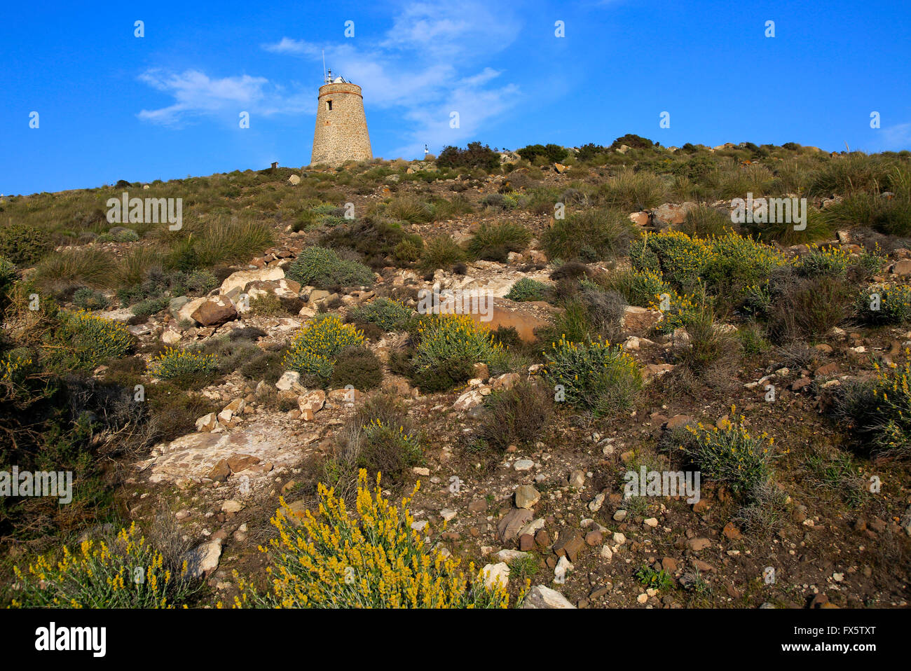 Torre Vigia de Los Lobos, Rodalquilar, Cabo de Gata natürlichen park, Almeria, Spanien Stockfoto