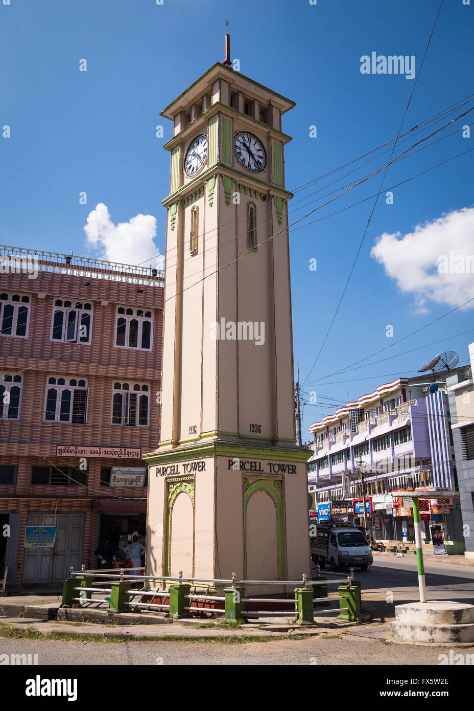 Die Purcell Clock Tower in der Innenstadt von Pyin Oo Lwin, Myanmar. Stockfoto