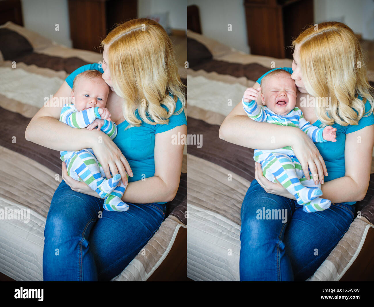 Mutter hält einen kleinen Jungen in die Arme, Collage mit verschiedenen Emotionen baby Stockfoto