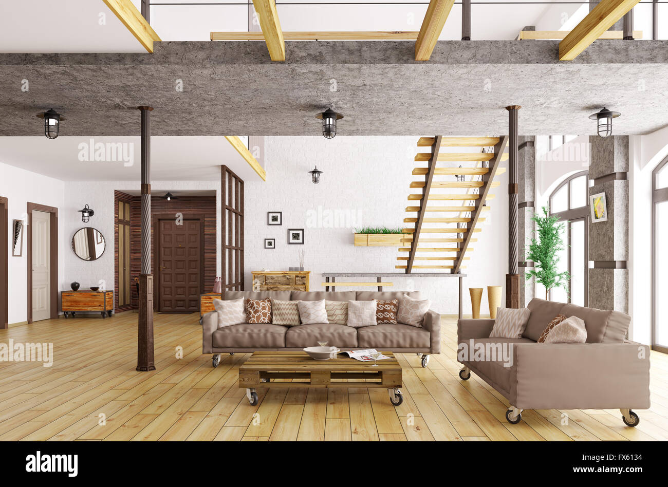 Einrichtung von Wohnzimmer und Flur mit Treppe und Sofas, 3D-Rendering Stockfoto