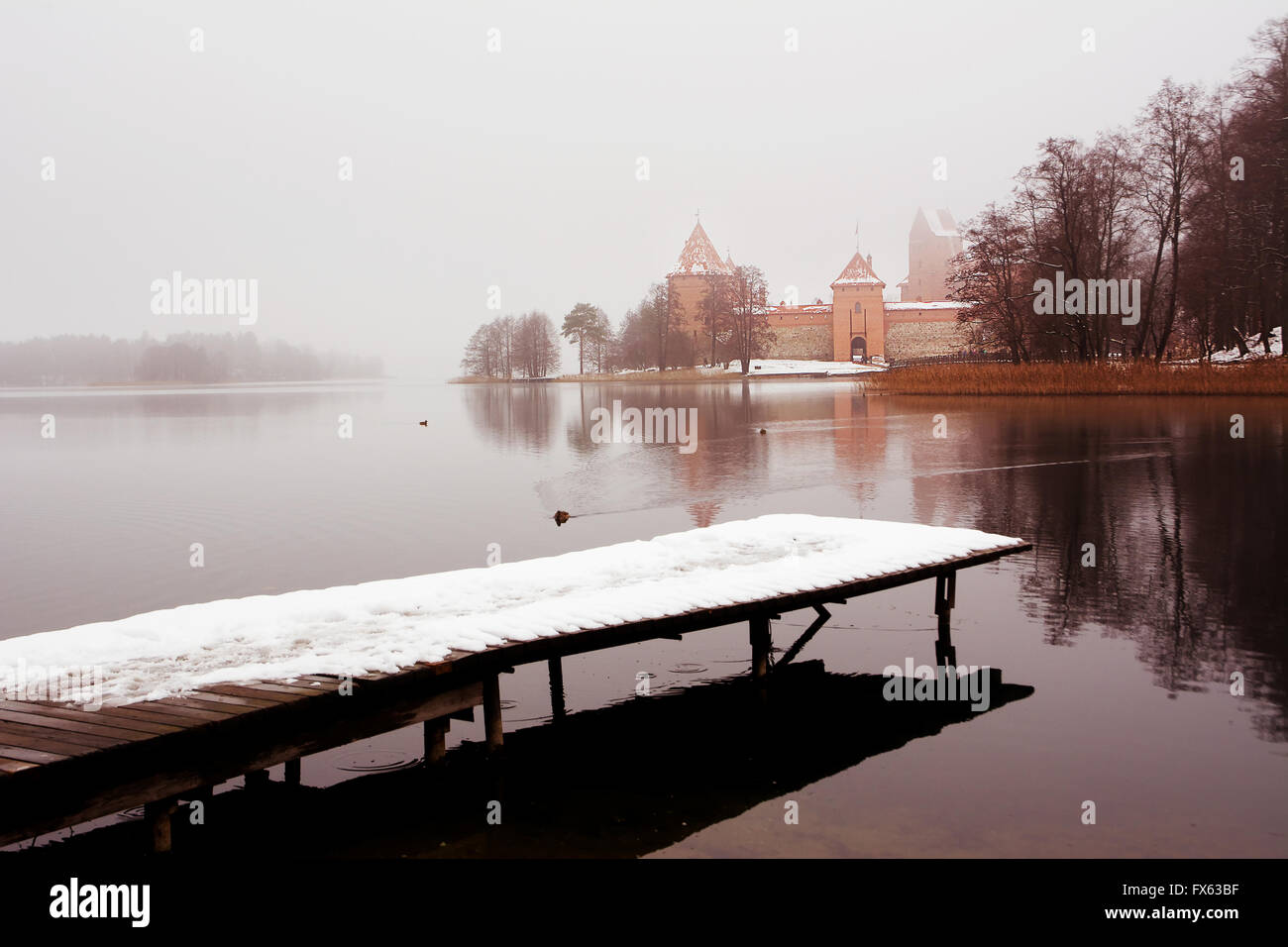 Trakai Burg im Winter mit Schnee Stockfoto