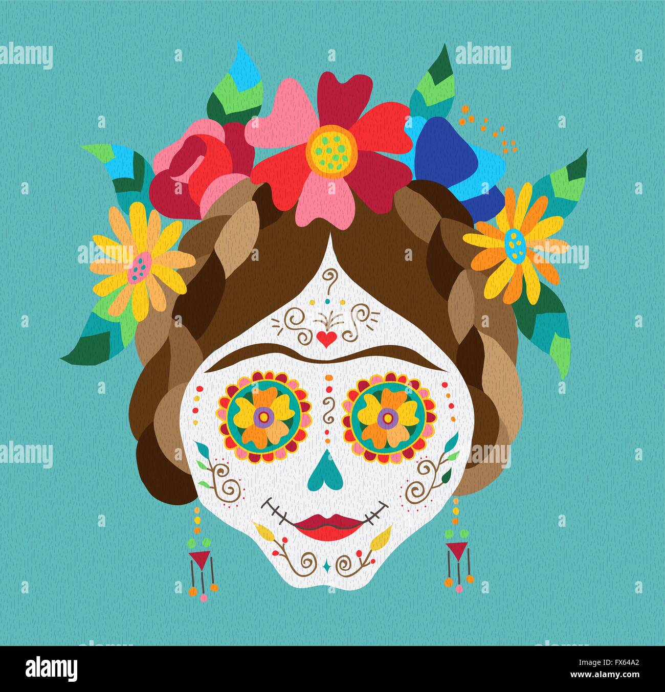 Traditionelle mexikanische Catrina Schädel mit Farbe Dekoration und bunten Frühling Zeit Blumenarrangement auf das Haar. EPS10 Vektor. Stock Vektor