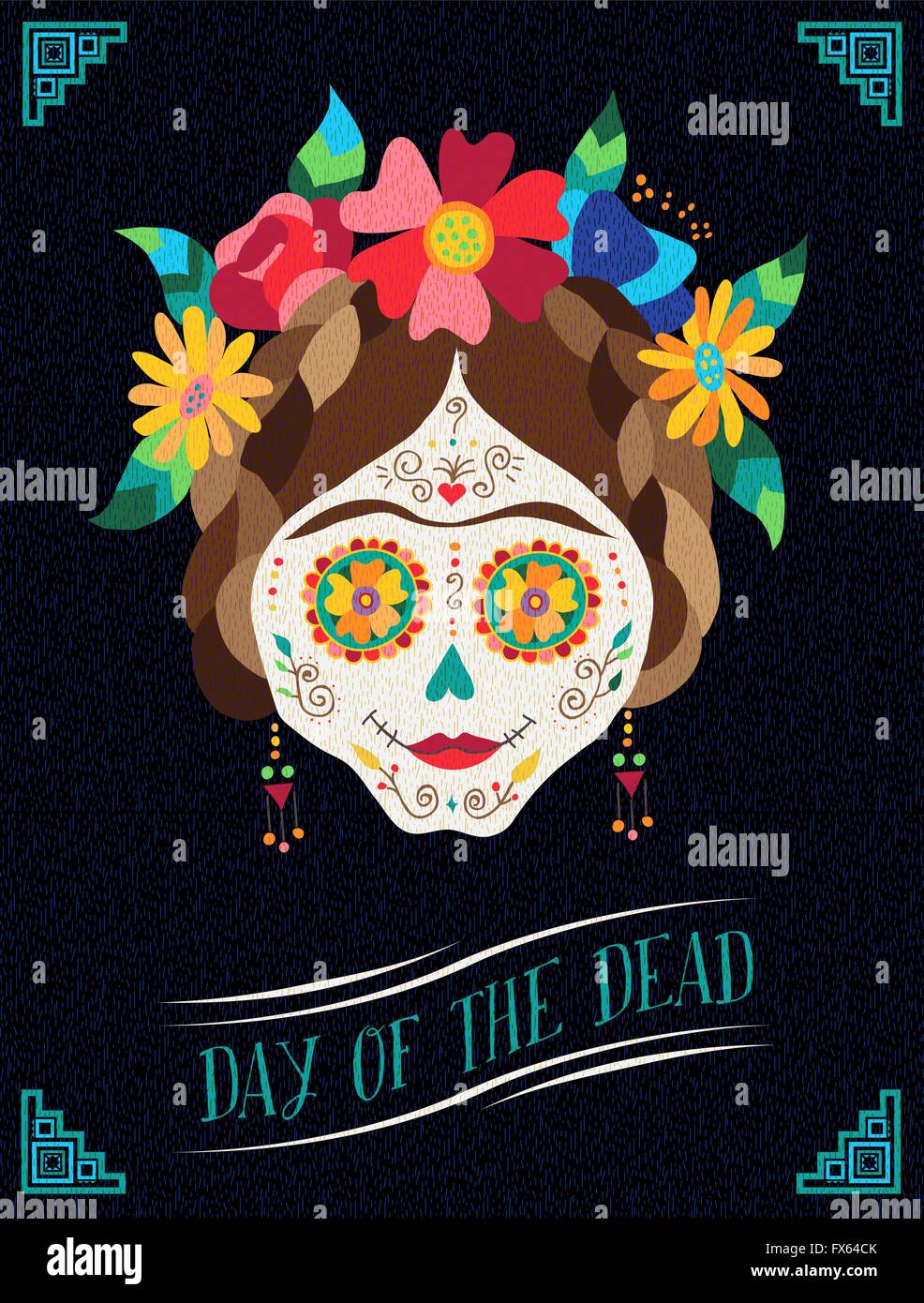 Mexiko Urlaub Plakat Design Tag von den Toten Illustrationskunst, traditionelle bemalte Schädel mit Blumenschmuck. EPS10 Vektor. Stock Vektor