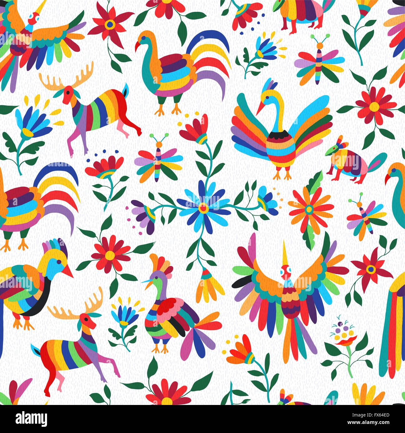 Traditionelle mexikanische Kunst Hintergrund, nahtlose Muster bunt wilder Tiere und Blumen im Frühling Zeit. EPS10 Vektor. Stock Vektor
