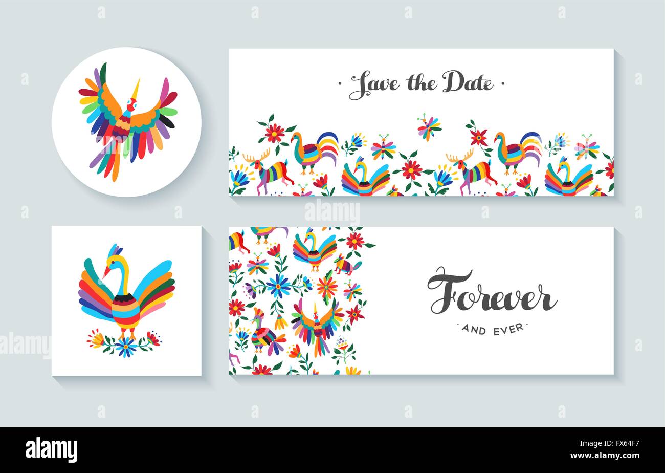 Einladungskarten set mit bunten Frühling Entwürfe von Blumen und Tieren. Enthält Text Zitate ideal für Geburtstag, Hochzeit Stock Vektor