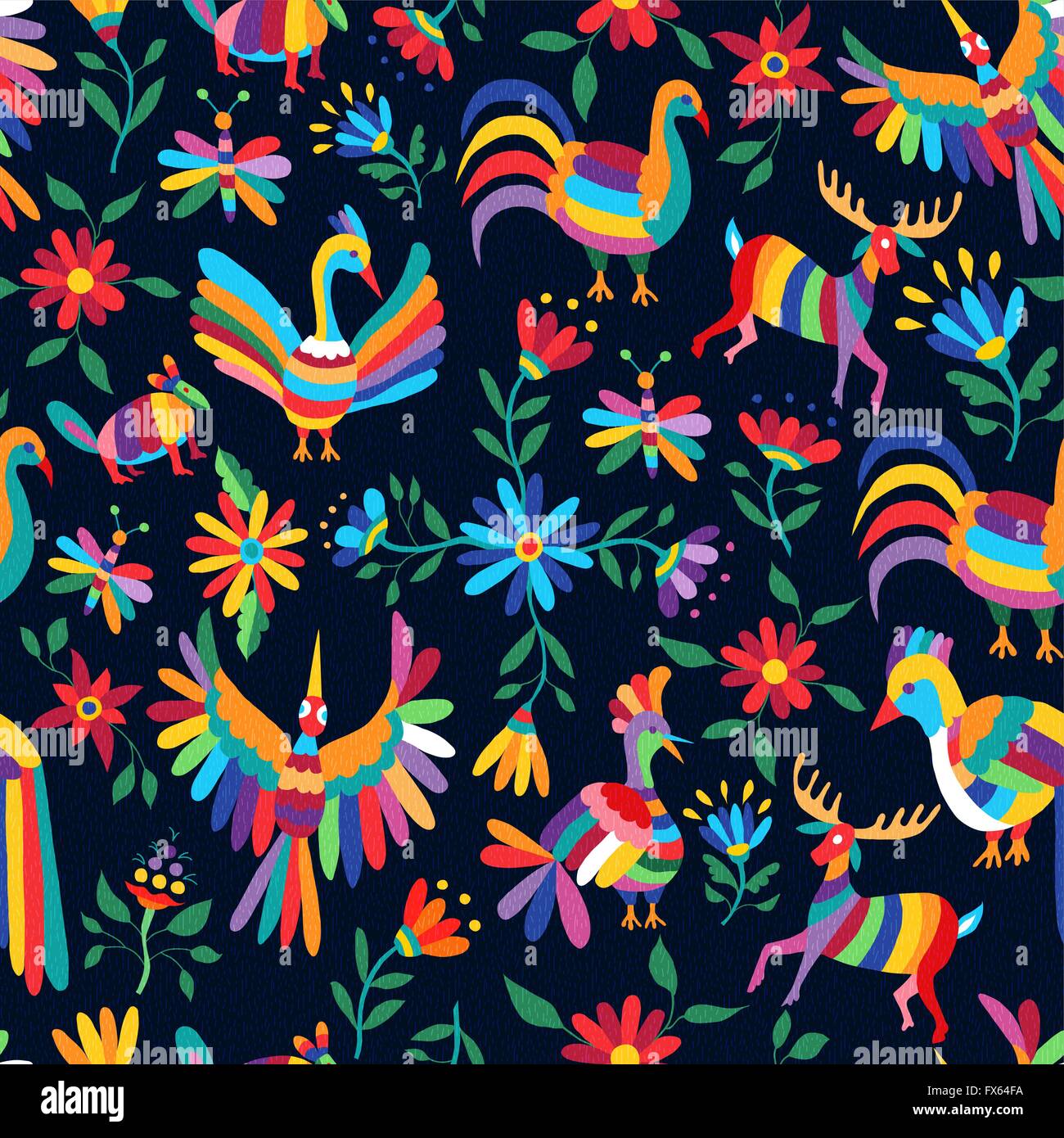 Leuchtende Farbe Musterdesign mit schönen Frühling Zeit Illustrationen der mexikanischen Kunst Tiere und Blumen Natur Stilelemente. Stock Vektor