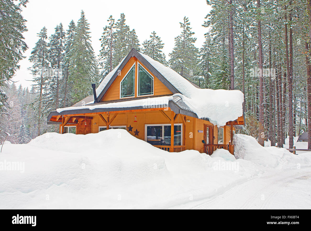Moderne Holz-Hütte im verschneiten Wald Stockfoto