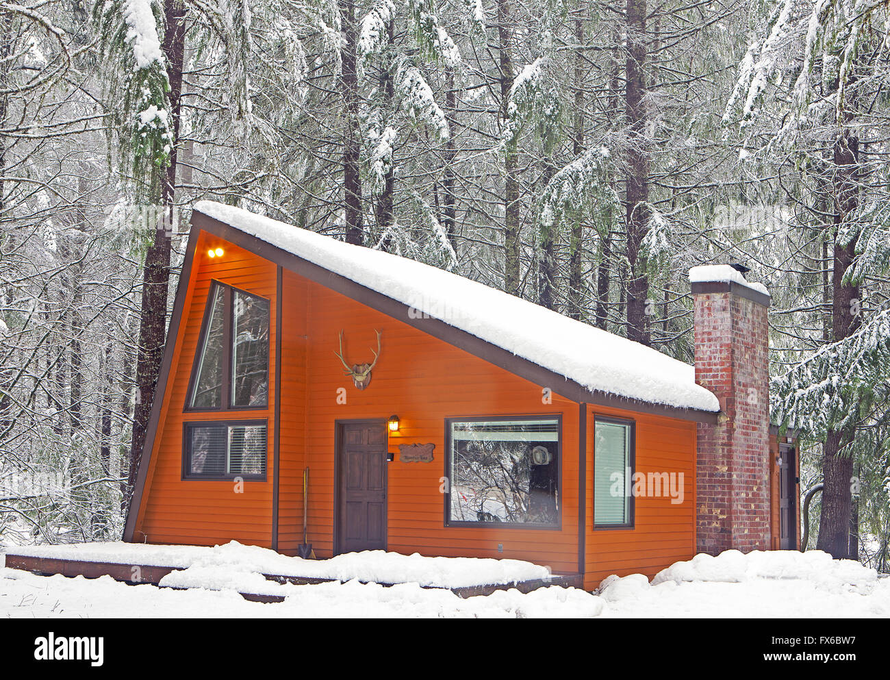 Moderne Holz-Hütte im verschneiten Wald Stockfoto