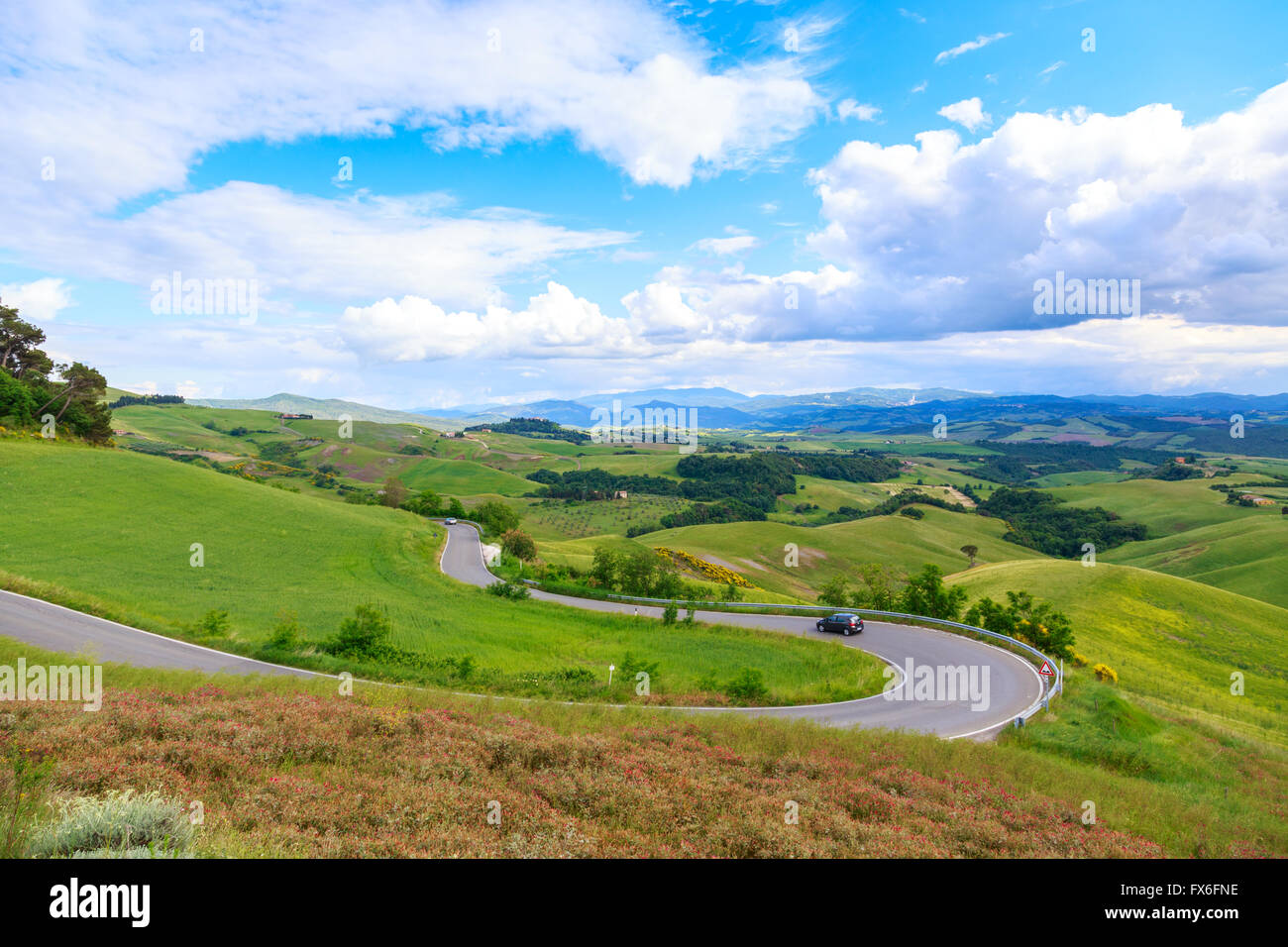 Straße ländlichen Landschaft der Toskana und grünen Hügeln in der Nähe von Volterra, Italien. Europa. Stockfoto