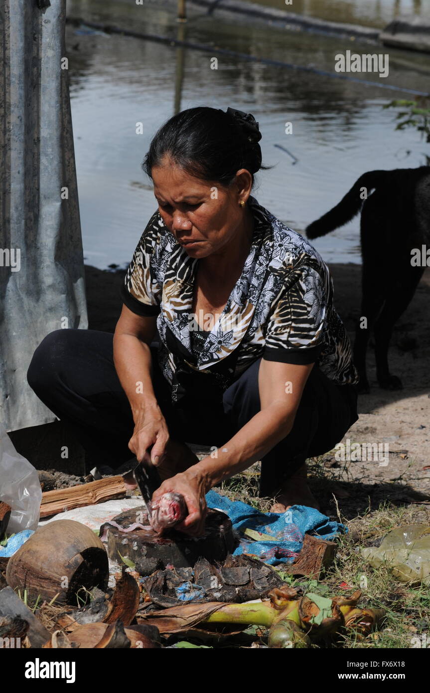 Eine Fischverkäuferin reinigt Fisch mit einem Hackbeil in Tonle Bati, Takeo Provinz, Kambodscha. Kredit: Kraig lieb Stockfoto