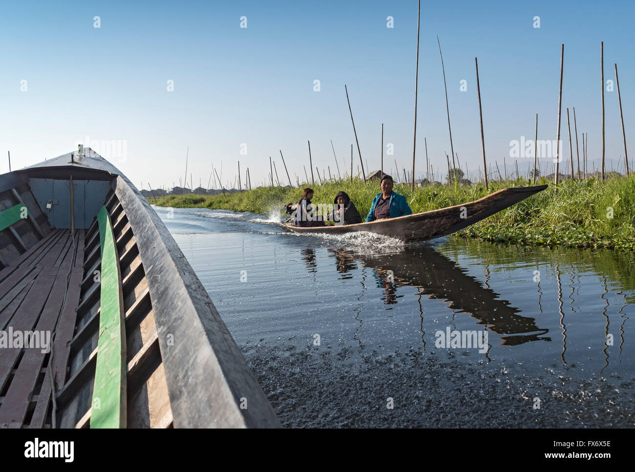 Motorboot, Inle-See, Birma (Myanmar) Stockfoto
