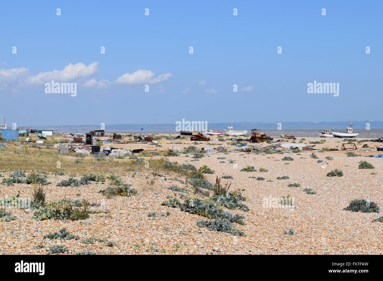 Strand-Szene bei Dungeness, UK. Großbritanniens einzige Wüste. Stockfoto