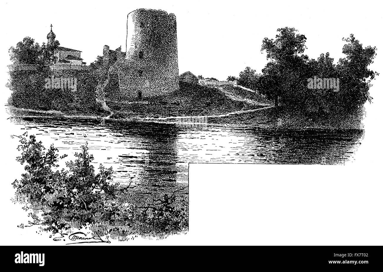 Gremuchaya (donnernde) Turm in Pskow - eine Illustration von antikes Buch "Russia, die vollständige geographische Beschreibung", Moskau, Russland, 1900. Künstler Stepanov Stockfoto