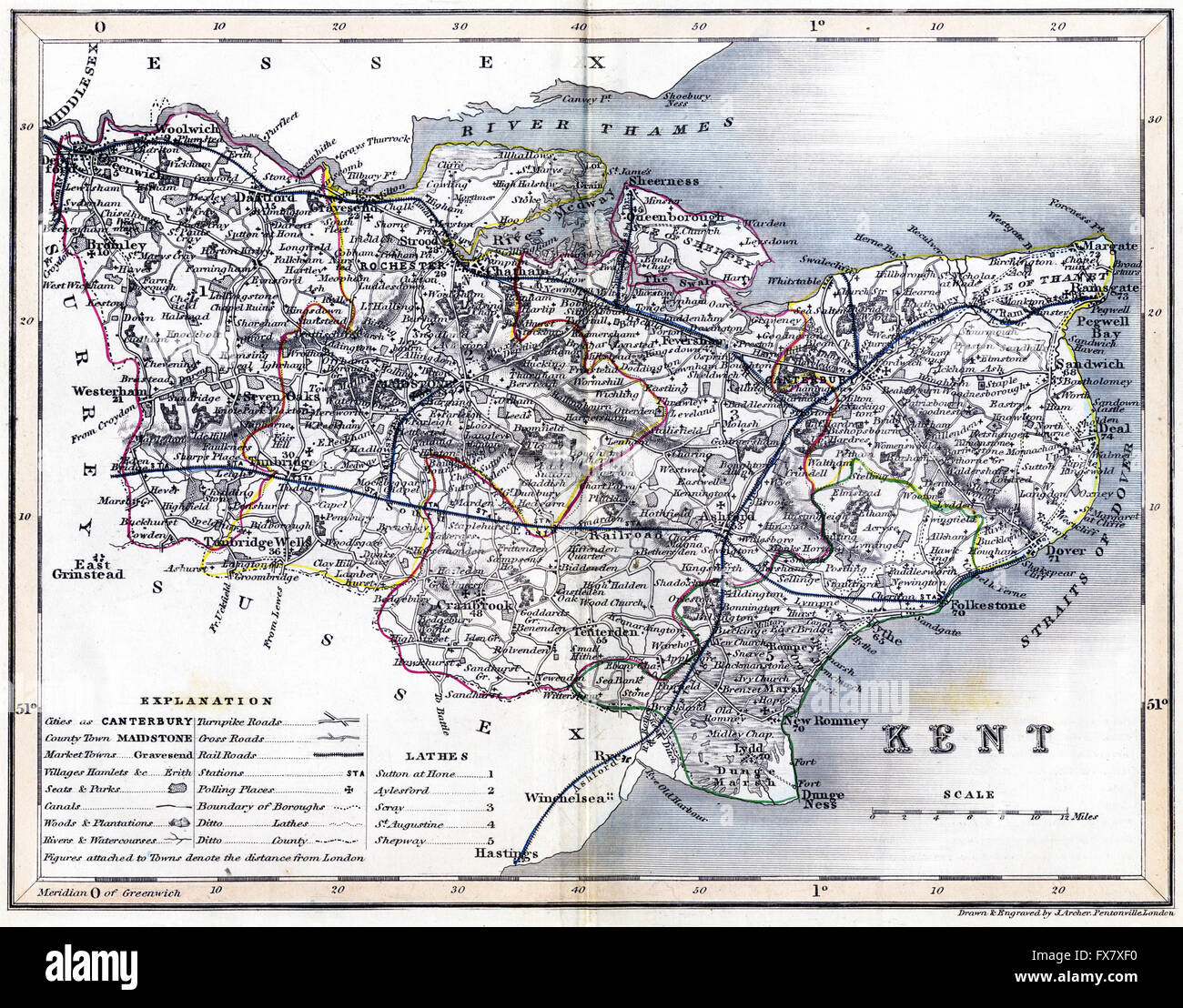 Eine alte farbige Karte der Grafschaft Kent UK, die in hoher Auflösung aus einem um 1845 gedruckten Buch gescannt wurde. Für urheberrechtlich frei gehalten. Stockfoto