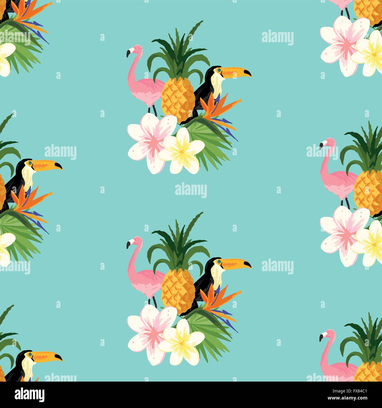 Nahtlose tropischen Design-Hintergrund mit ein Tukan, Flamingo und tropischen Blumen Blumen. Skalierbare Vektor-Illustration. Stock Vektor